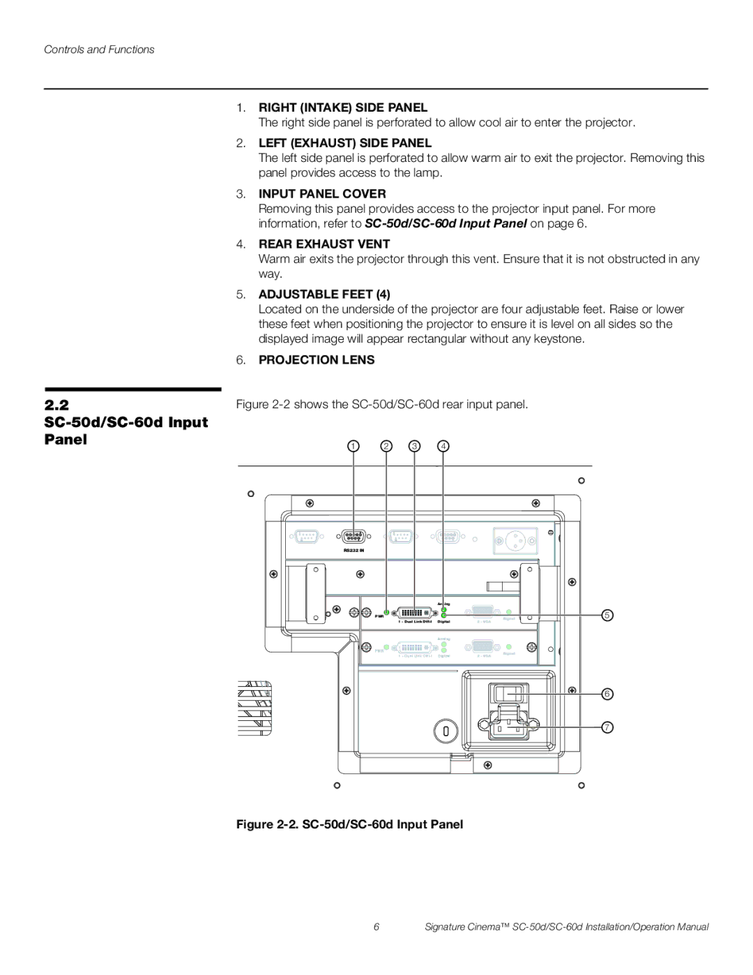 Runco SC-60D, SC-50D operation manual SC-50d/SC-60d Input Panel 