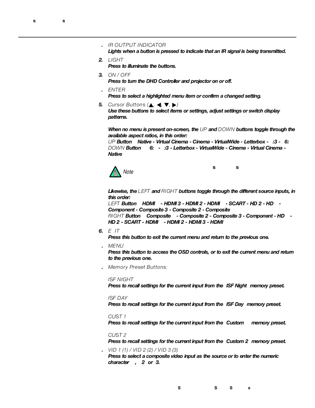 Runco SC-60D On / OFF, Cursor Buttons, For more information about aspect ratios, refer to Table, Memory Preset Buttons 