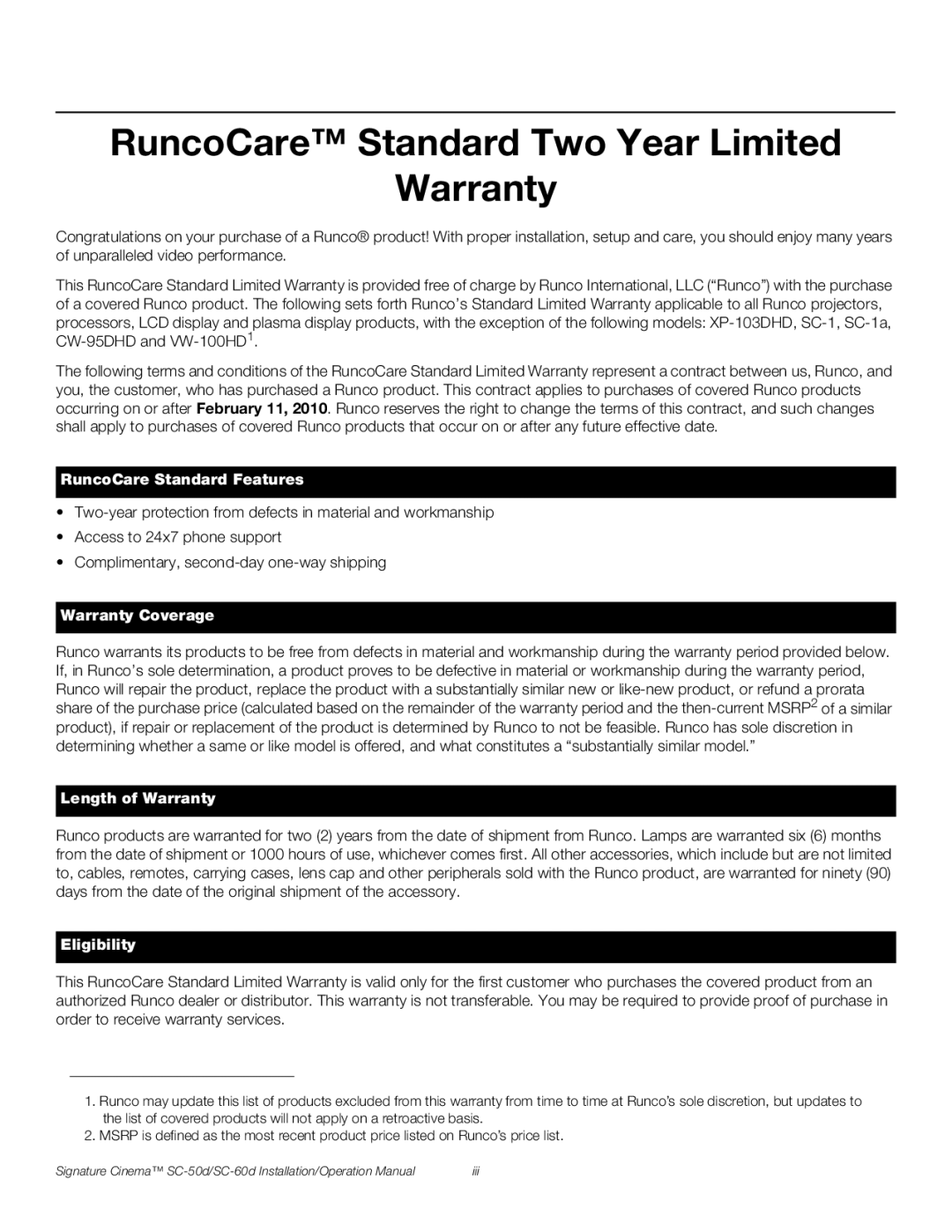 Runco SC-50D, SC-60D operation manual RuncoCare Standard Two Year Limited Warranty, RuncoCare Standard Features 