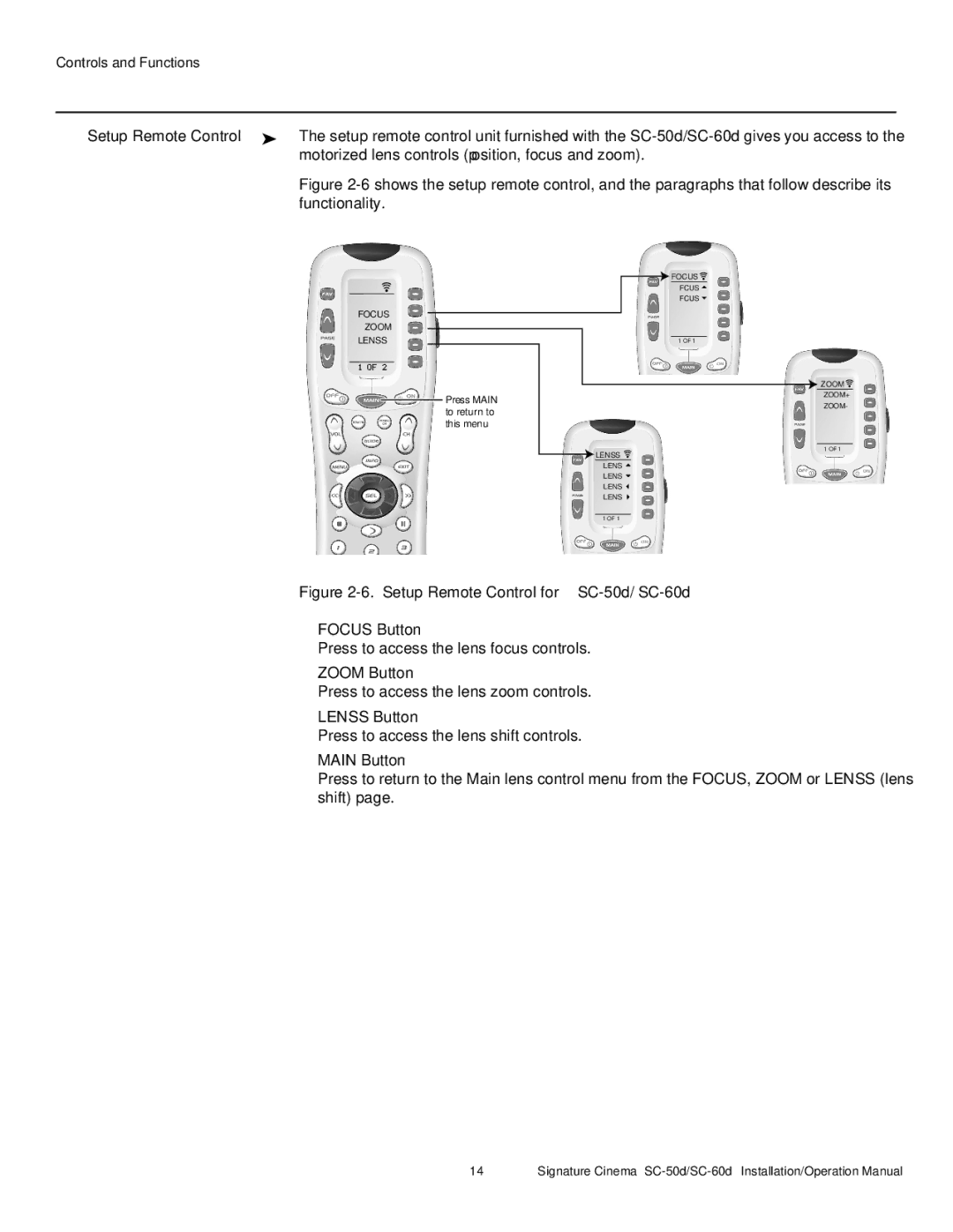 Runco SC-60D, SC-50D operation manual Zoom Button, Lenss Button, Main Button 