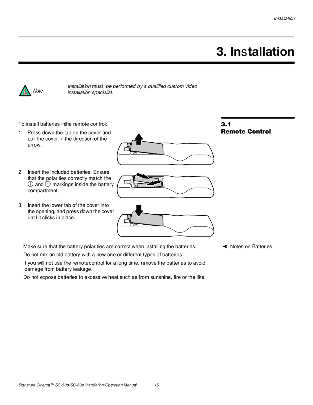 Runco SC-50D, SC-60D operation manual Remote Control, Installation specialist 