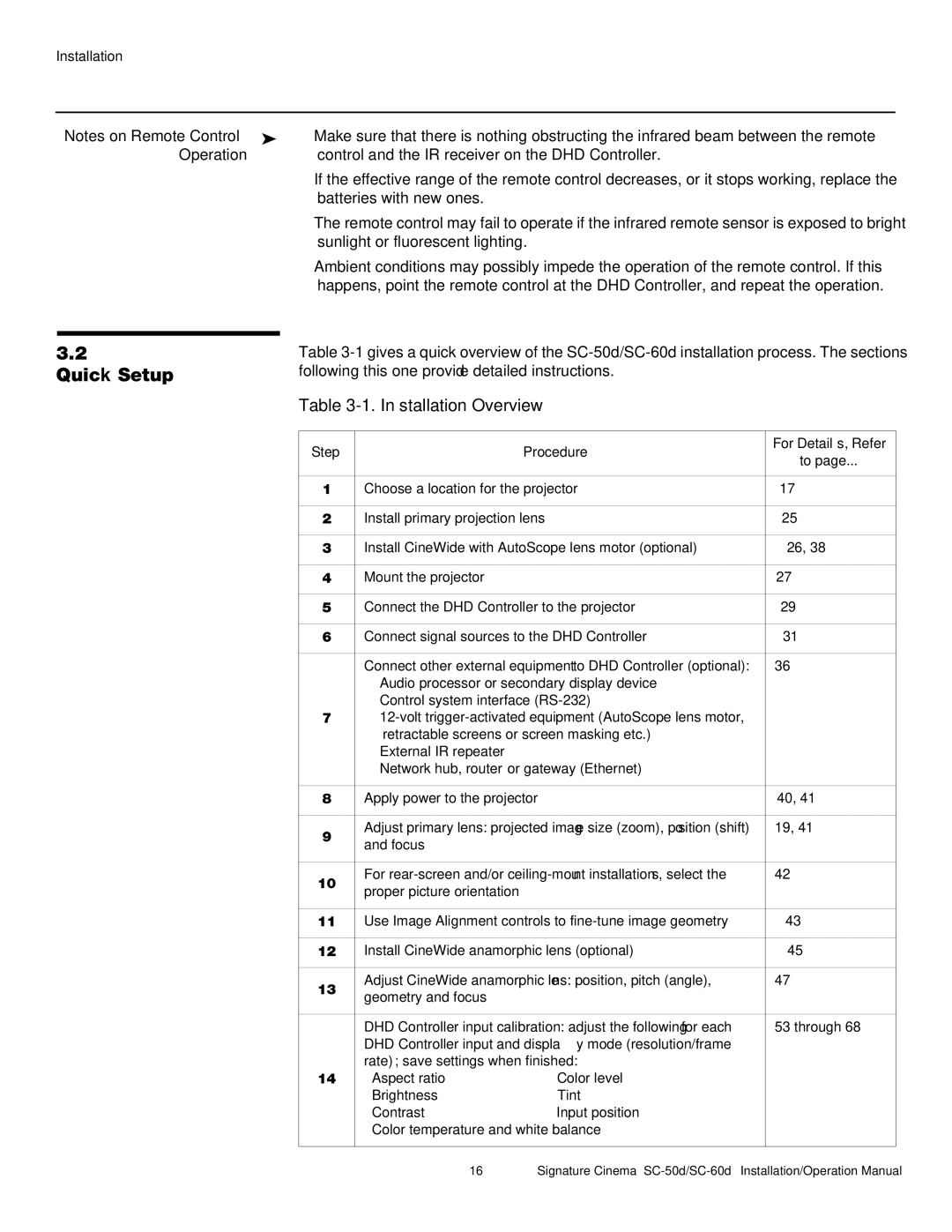 Runco SC-60D, SC-50D operation manual Quick Setup, Installation Overview, Operation, Step Procedure For Details, Refer 