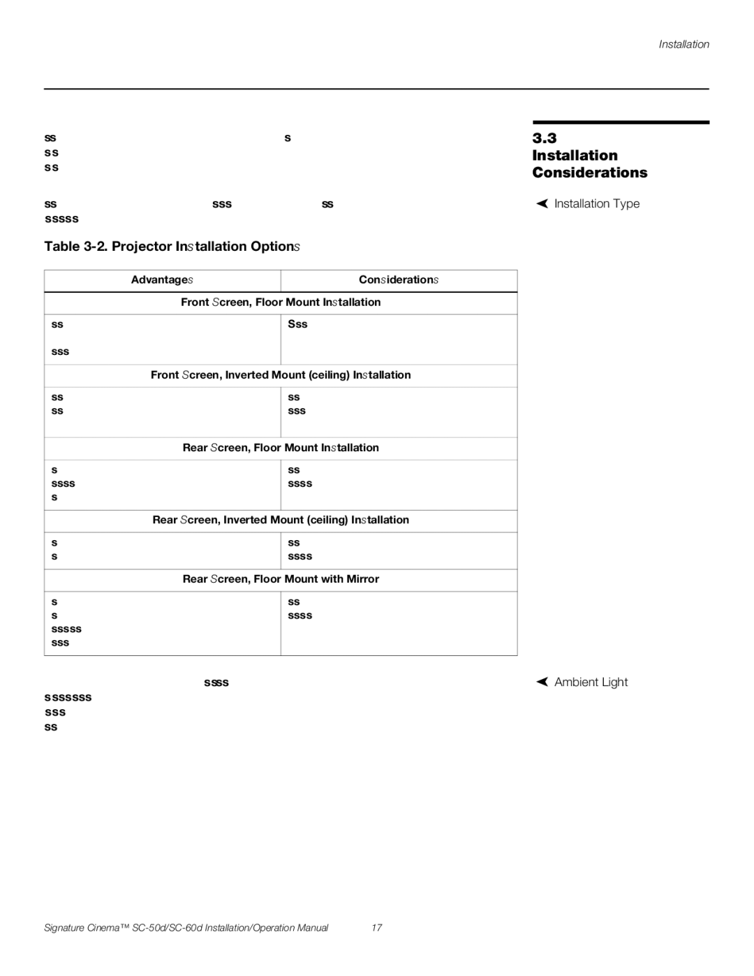 Runco SC-50D, SC-60D Installation Considerations, Projector Installation Options, Installation Type, Ambient Light 