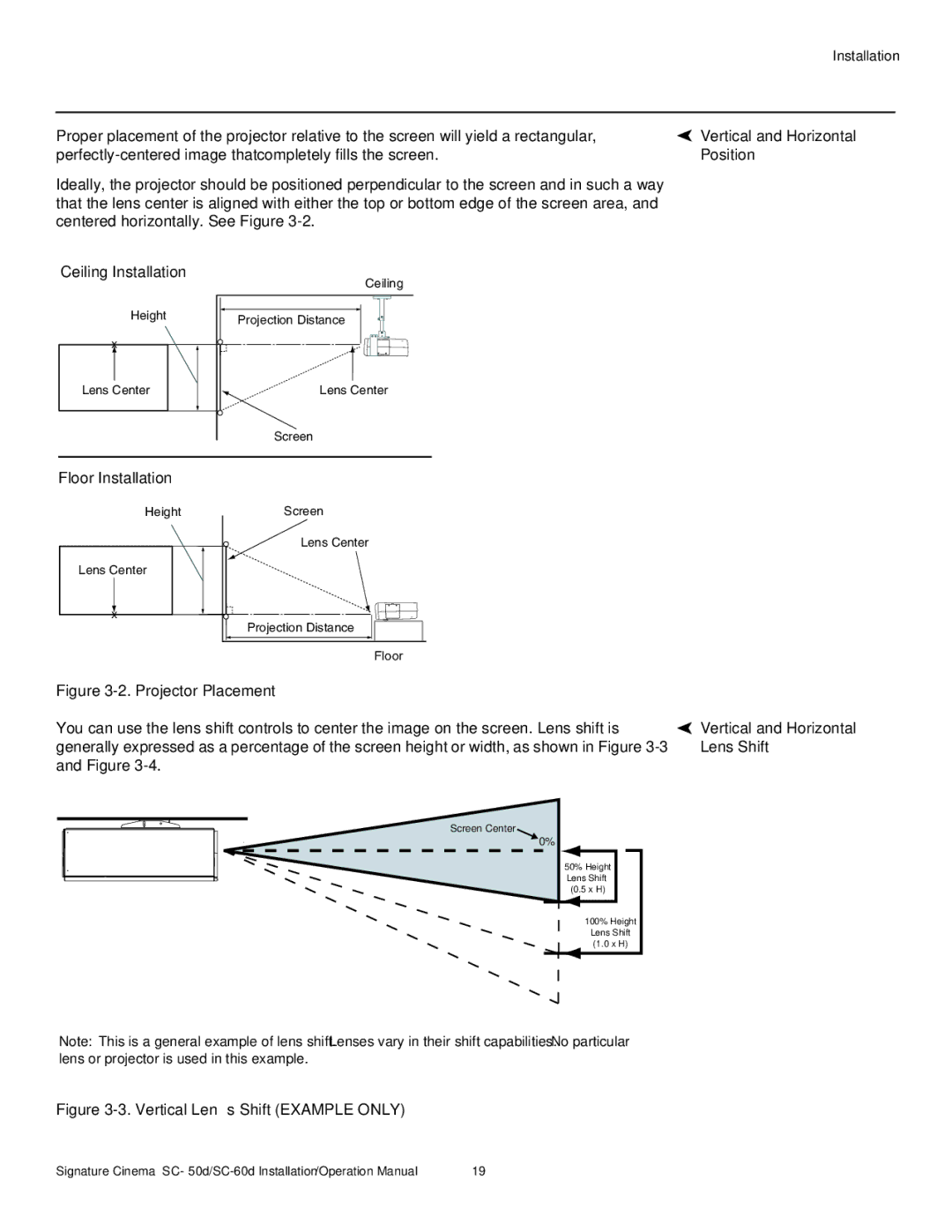 Runco SC-50D, SC-60D operation manual Vertical and Horizontal, Position, Ceiling Installation, Floor Installation 