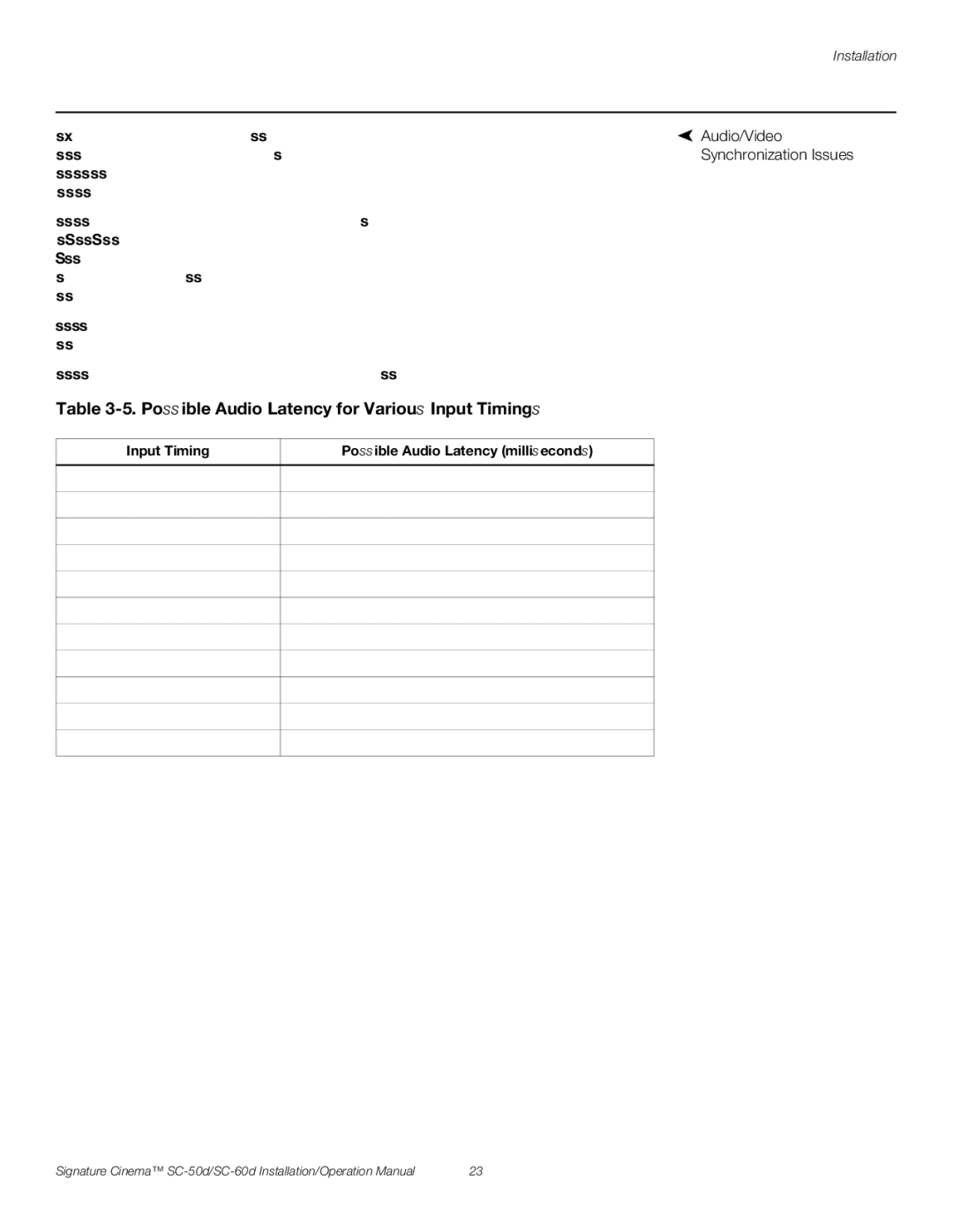 Runco SC-50D, SC-60D operation manual Possible Audio Latency for Various Input Timings, Audio/Video, Synchronization Issues 