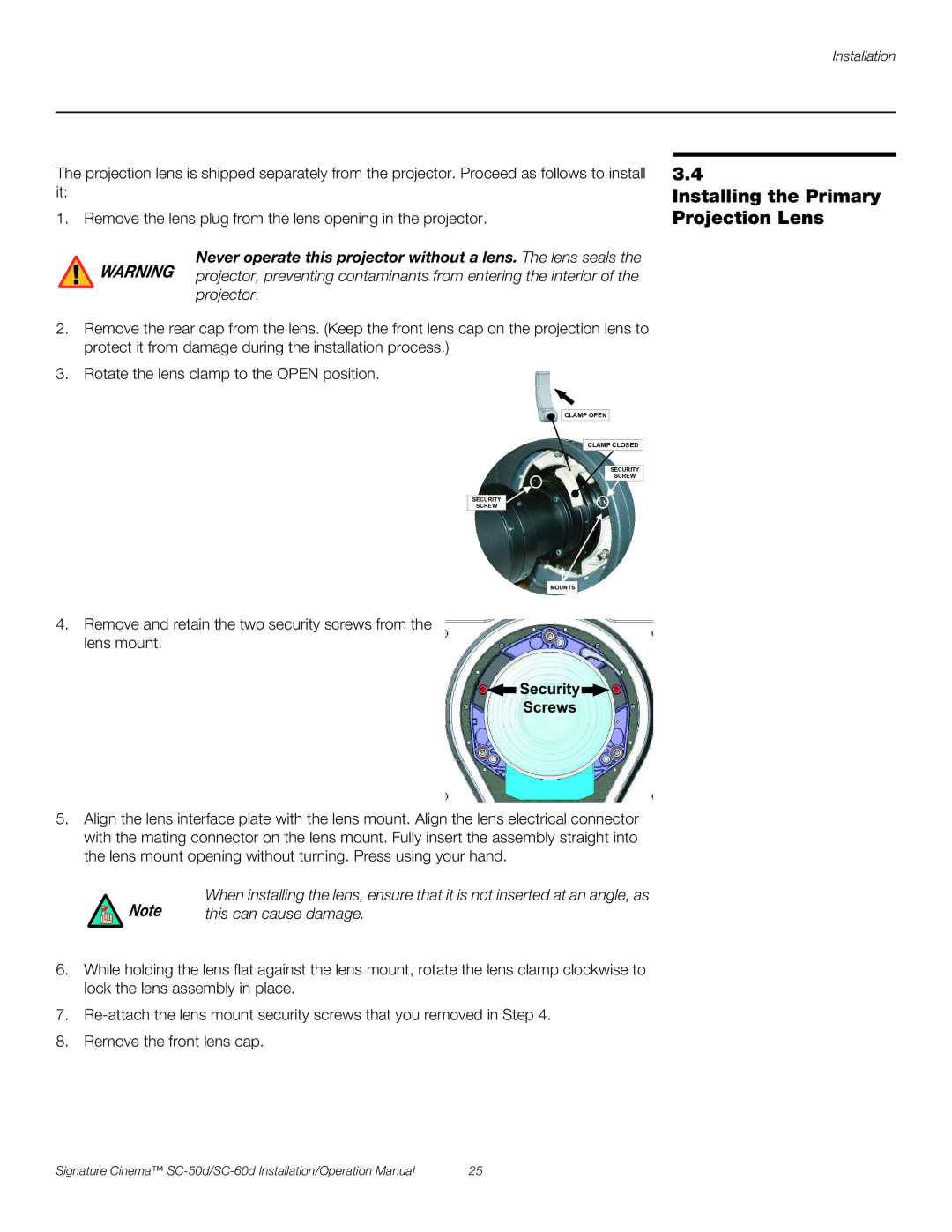 Runco SC-50D, SC-60D Installing the Primary Projection Lens, Projector, Security Screws, This can cause damage 