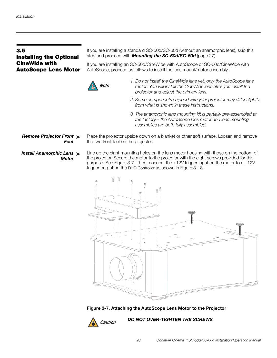 Runco SC-60D, SC-50D Installing the Optional CineWide with AutoScope Lens Motor, Remove Projector Front, Feet 