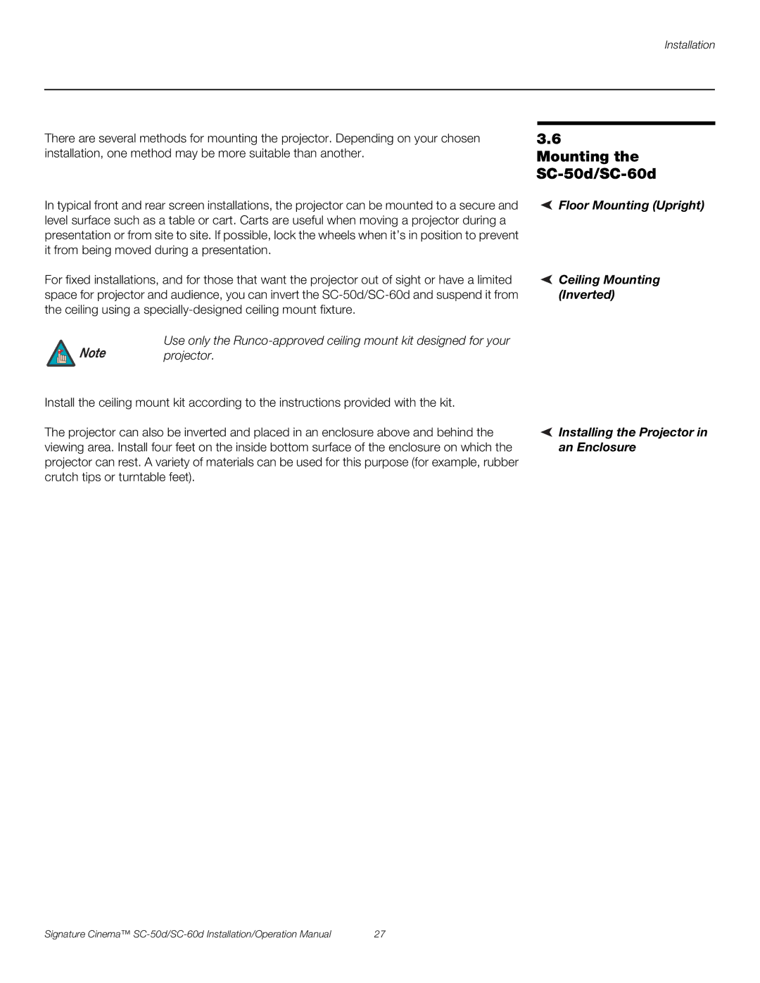 Runco SC-50D, SC-60D operation manual Mounting the SC-50d/SC-60d 