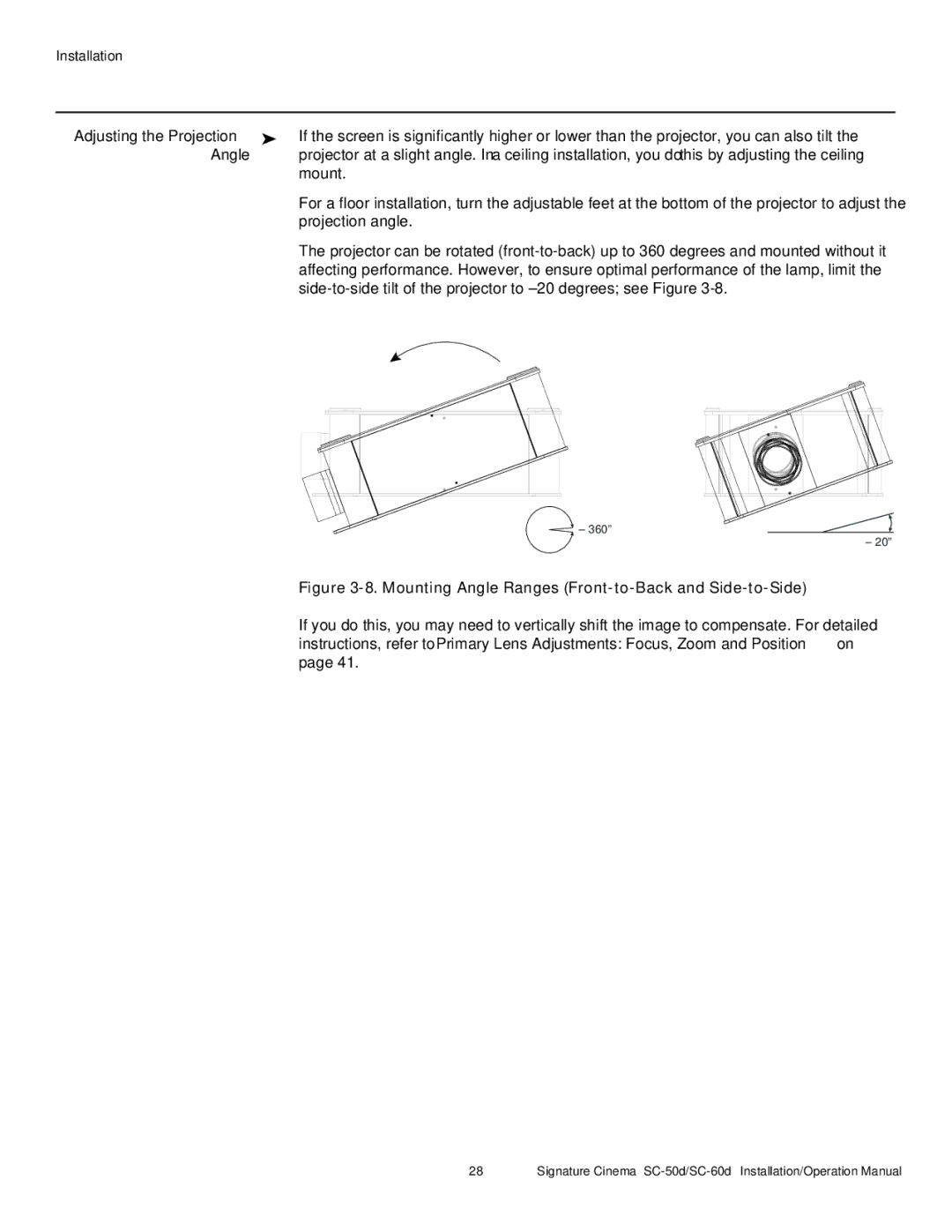 Runco SC-60D, SC-50D operation manual Adjusting the Projection, Angle 