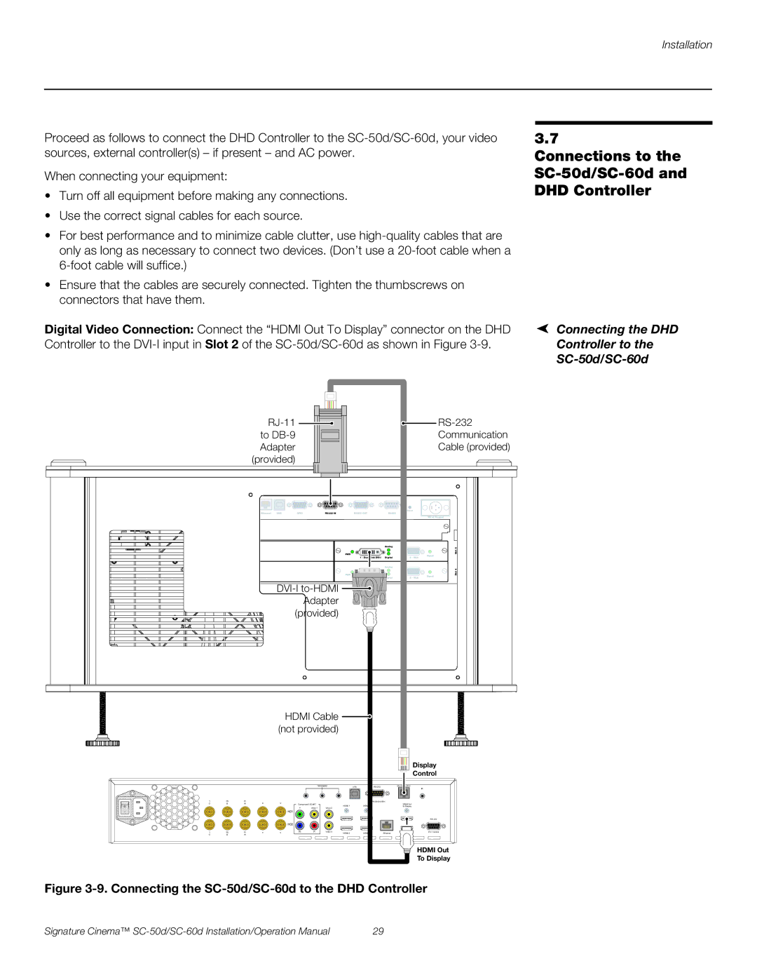 Runco SC-50D Connections to the SC-50d/SC-60d and DHD Controller, Connecting the DHD Controller to the SC-50d/SC-60d 