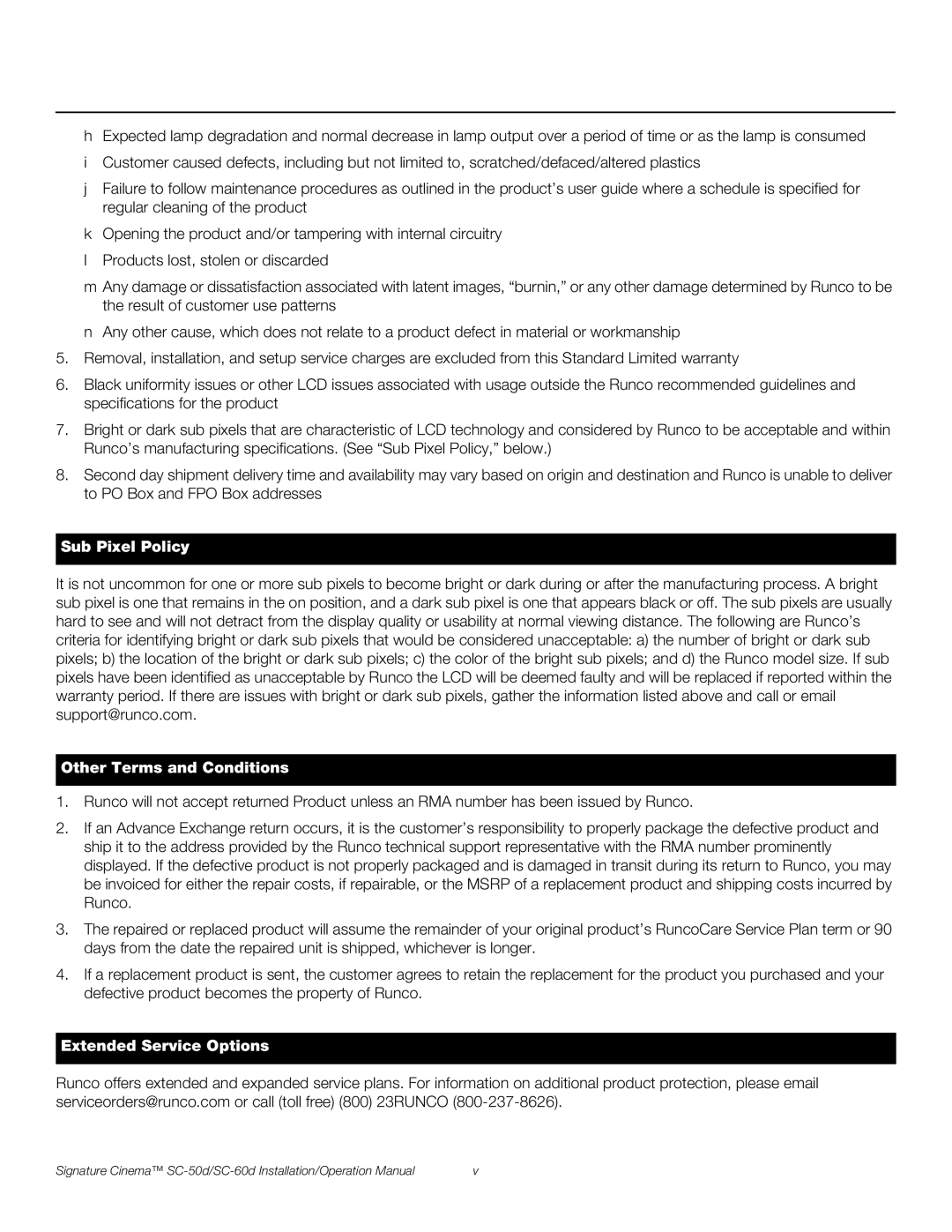 Runco SC-50D, SC-60D operation manual Extended Service Options 