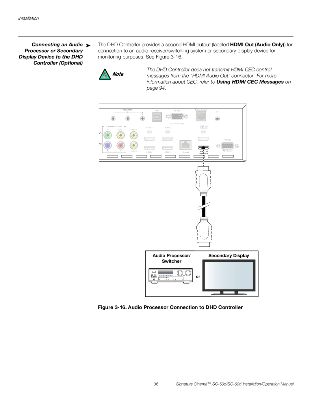 Runco SC-60D Connecting an Audio, Processor or Secondary, Display Device to the DHD, Audio Processor Secondary Display 