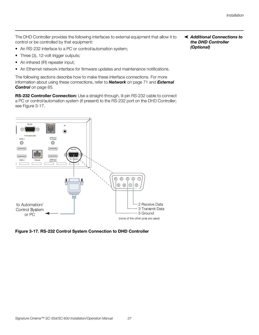 Runco SC-50D Additional Connections to the DHD Controller Optional, RS-232 Control System Connection to DHD Controller 