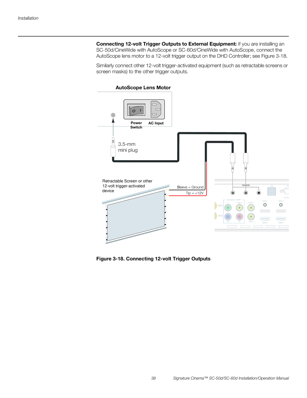 Runco SC-60D, SC-50D operation manual AutoScope Lens Motor, Connecting 12-volt Trigger Outputs 
