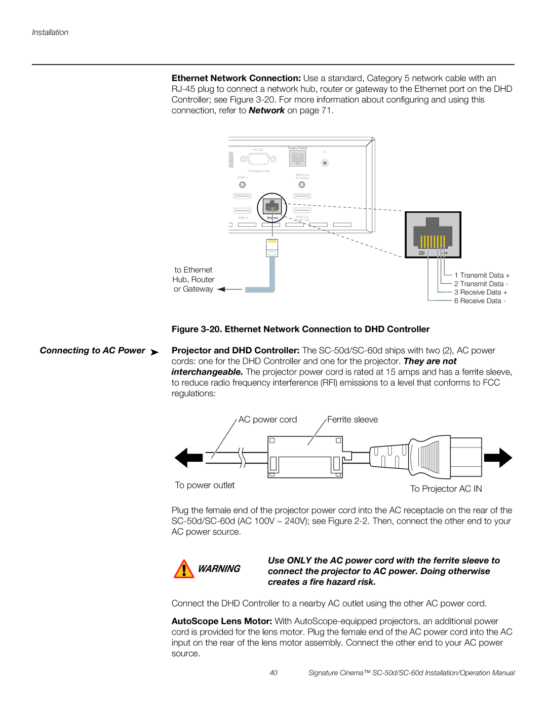 Runco SC-60D, SC-50D Ethernet Network Connection to DHD Controller, Use only the AC power cord with the ferrite sleeve to 