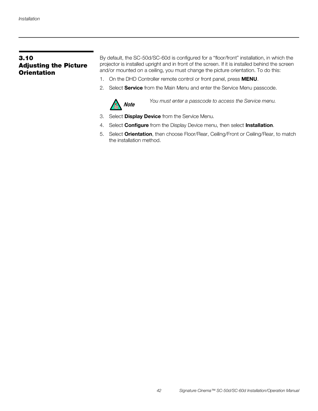 Runco SC-60D, SC-50D Adjusting the Picture Orientation, You must enter a passcode to access the Service menu 