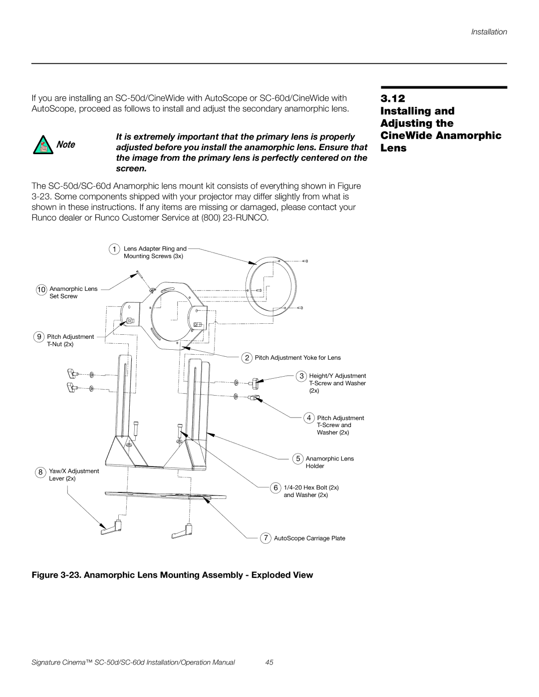 Runco SC-50D, SC-60D operation manual Installing and Adjusting the CineWide Anamorphic Lens 