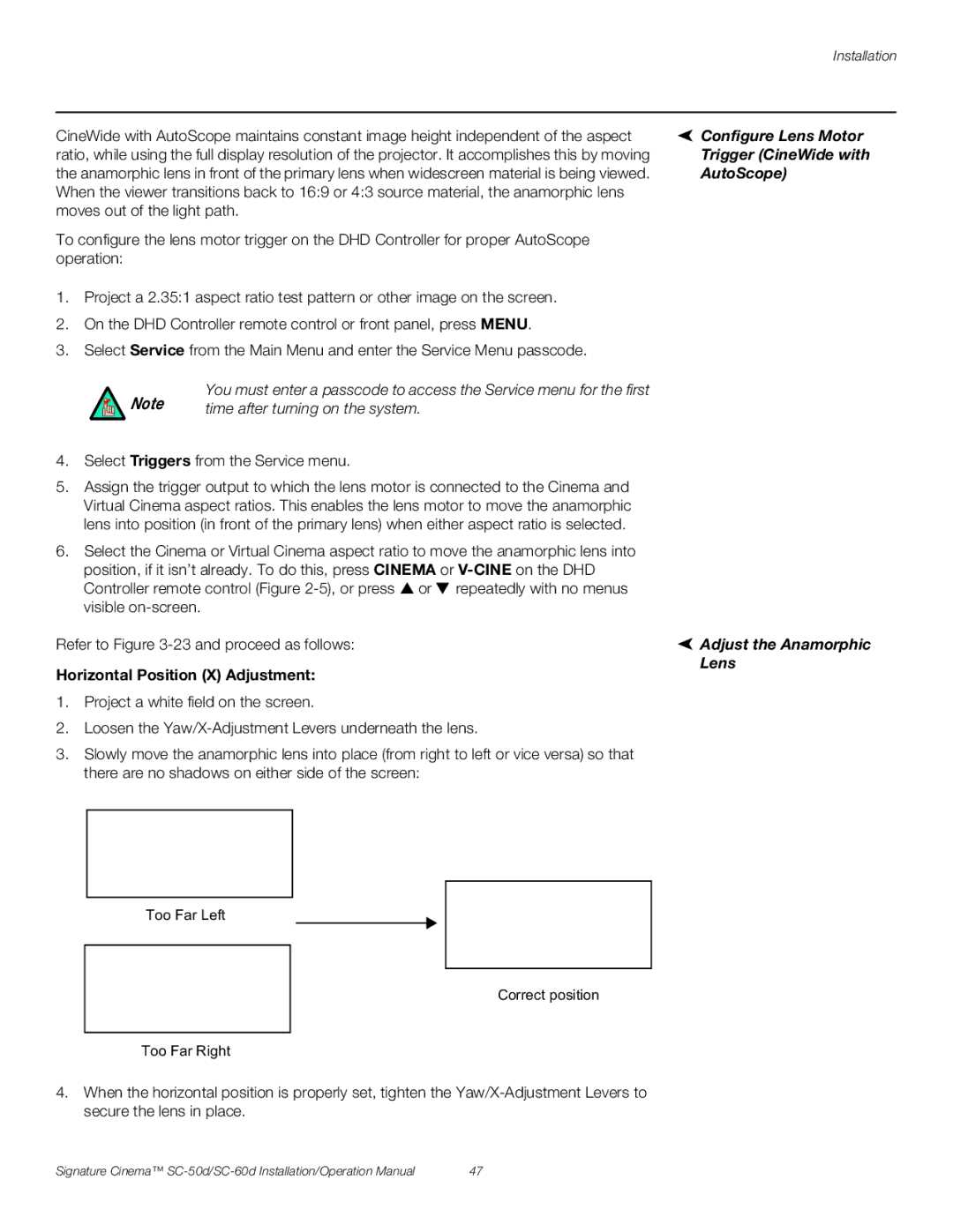 Runco SC-50D, SC-60D operation manual Configure Lens Motor, Trigger CineWide with, AutoScope, Adjust the Anamorphic 