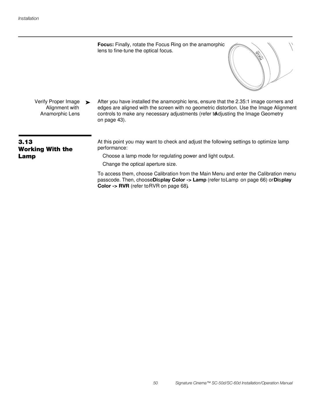 Runco SC-60D, SC-50D operation manual Working With, Lamp, Verify Proper Image, Alignment with, Anamorphic Lens 