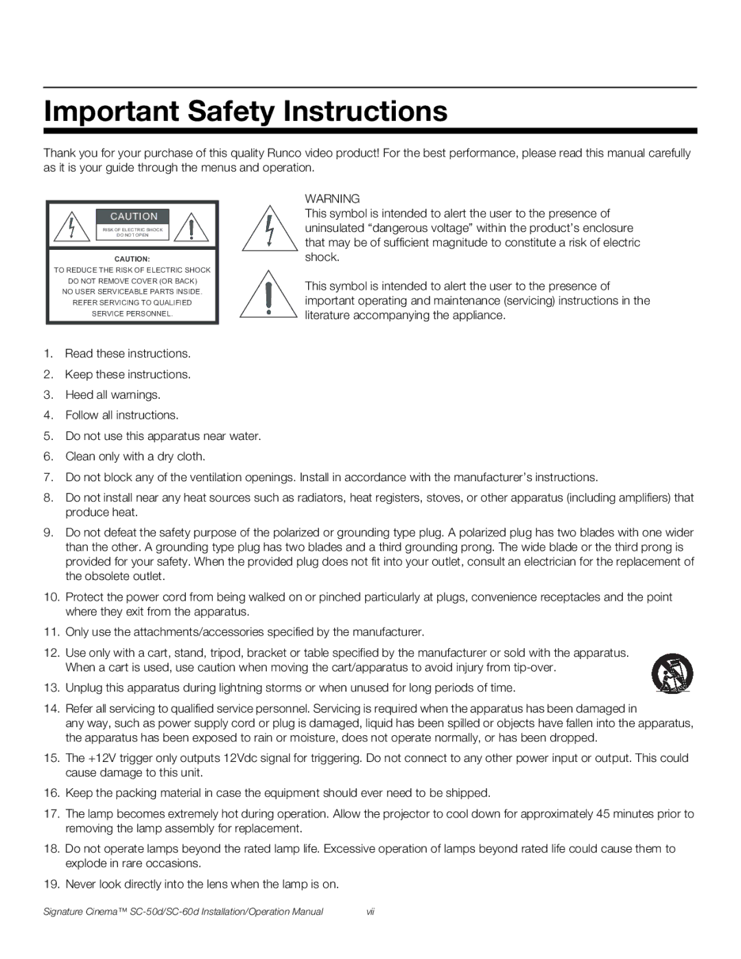 Runco SC-50D, SC-60D operation manual Important Safety Instructions 