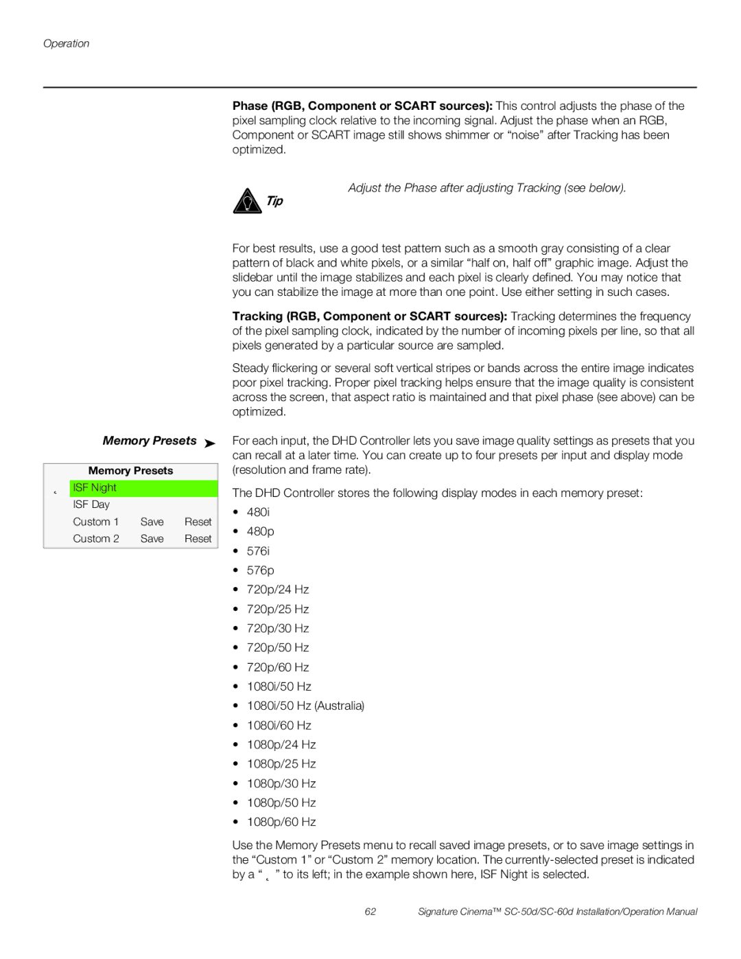 Runco SC-60D, SC-50D operation manual Memory Presets, Adjust the Phase after adjusting Tracking see below 