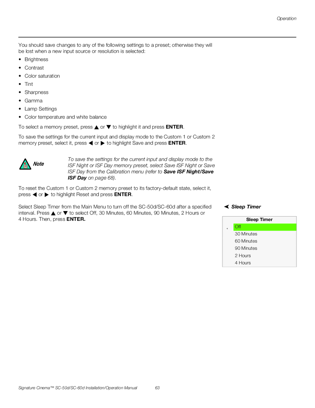 Runco SC-50D, SC-60D operation manual Sleep Timer 