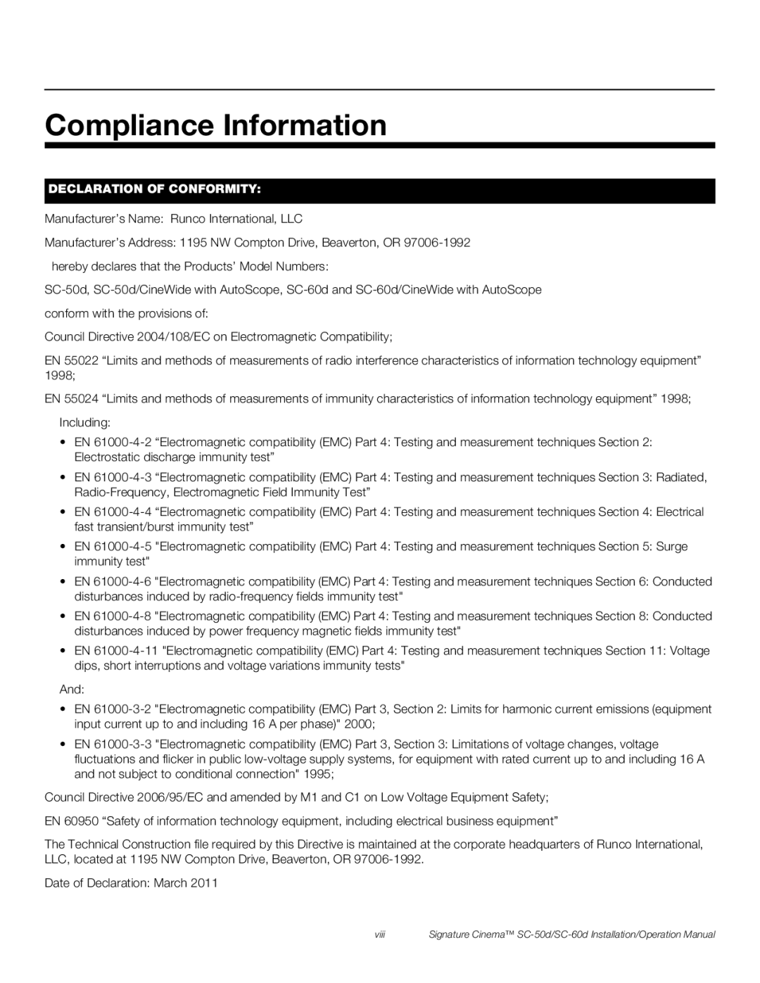 Runco SC-60D, SC-50D operation manual Compliance Information, Declaration of Conformity 