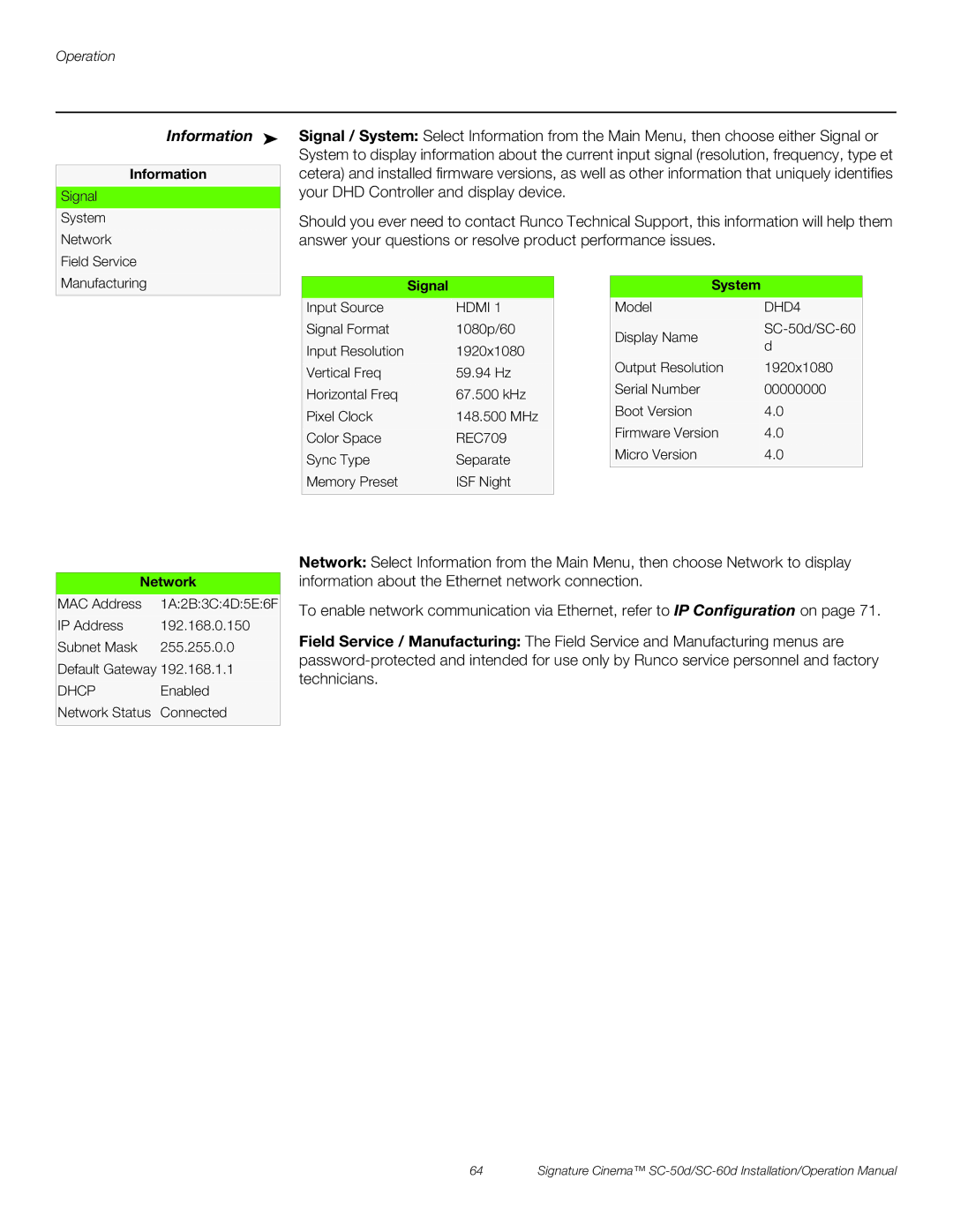 Runco SC-60D, SC-50D operation manual Information, Signal, System, Network 