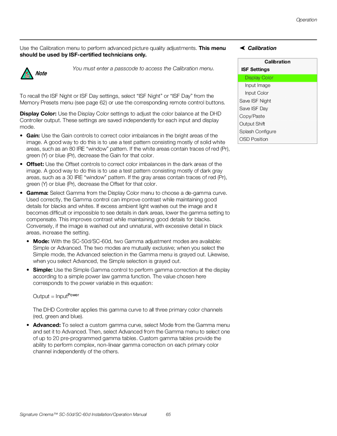 Runco SC-50D, SC-60D operation manual Calibration ISF Settings 