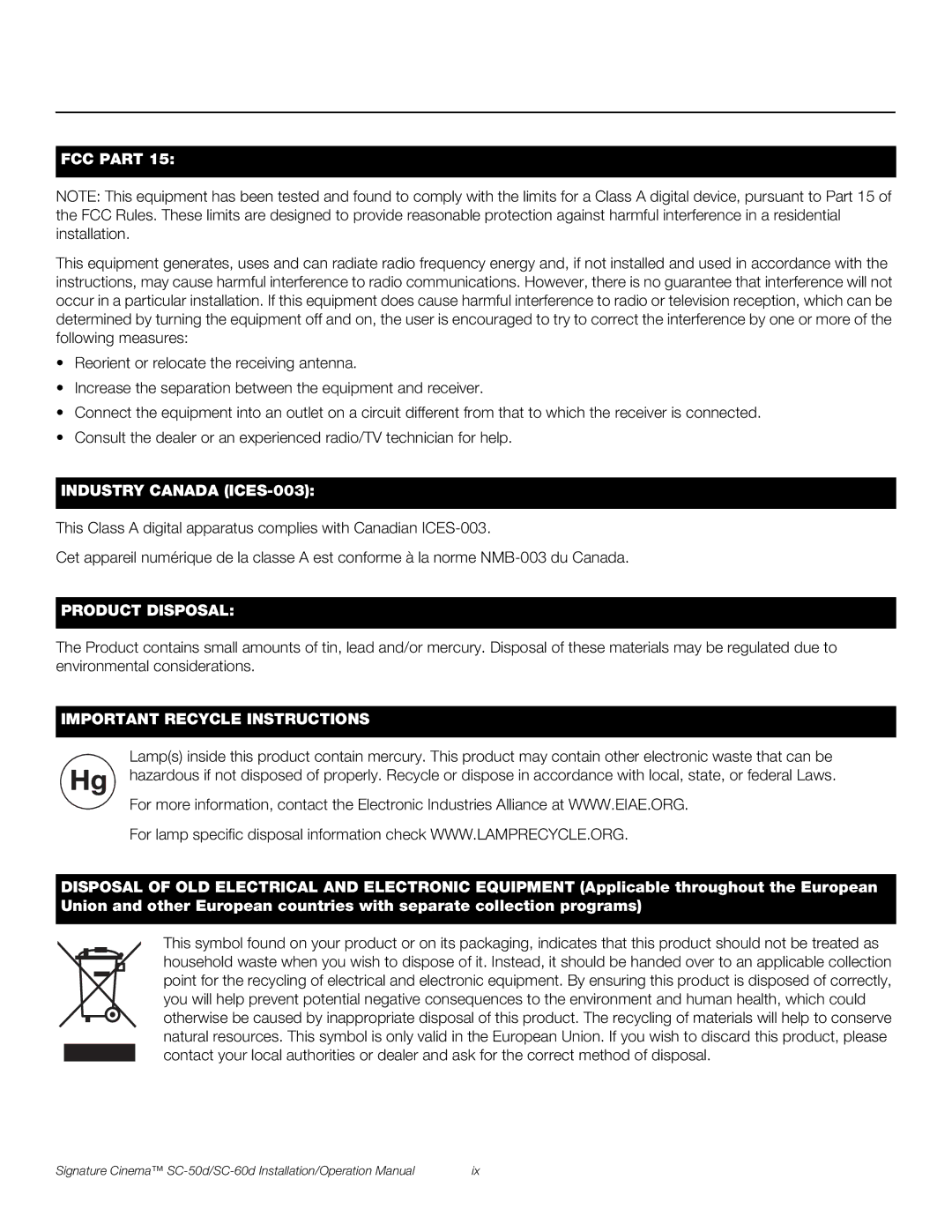 Runco SC-50D, SC-60D operation manual FCC Part 