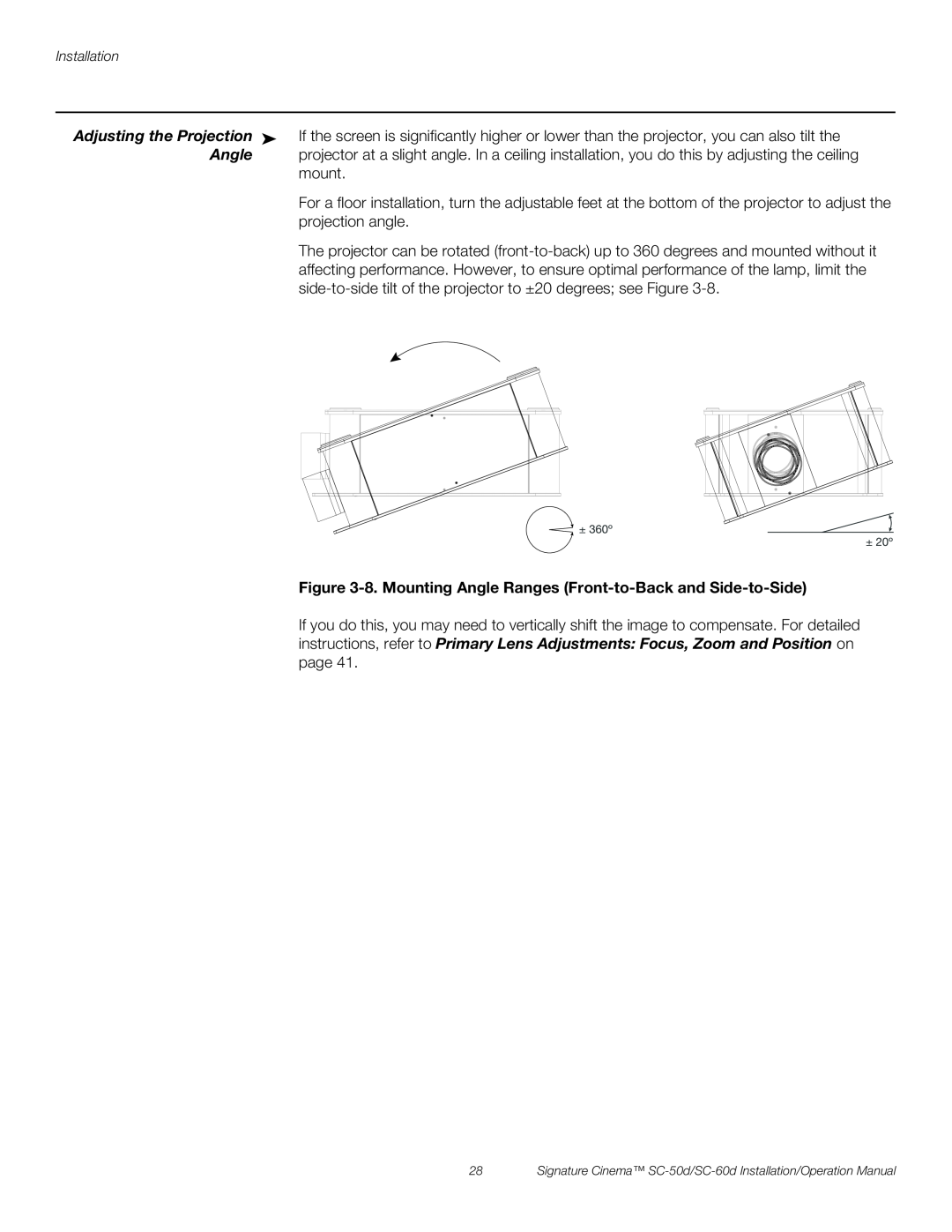 Runco SC-60D, SC-50D operation manual Adjusting the Projection, Angle 