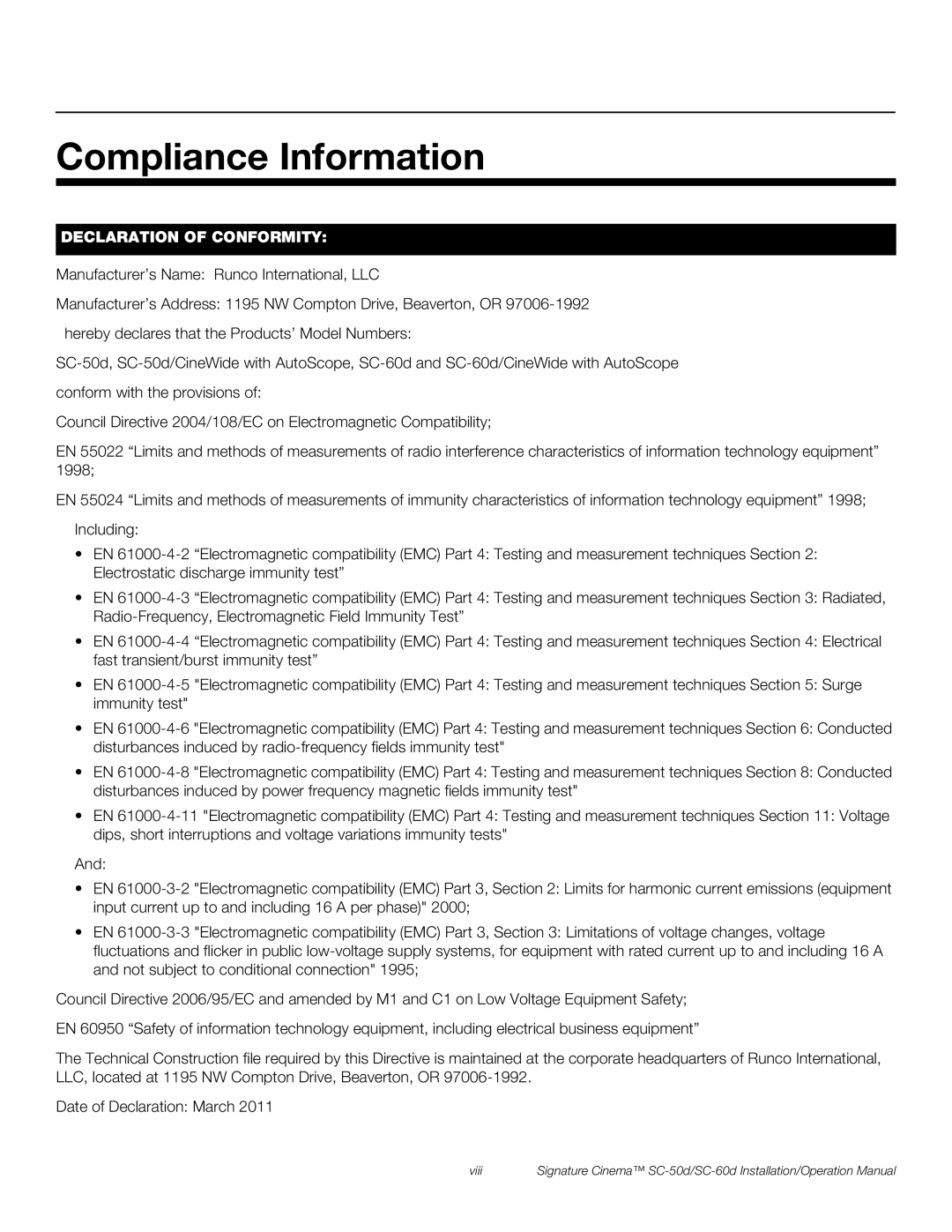 Runco SC-60D, SC-50D operation manual Compliance Information, Declaration Of Conformity 