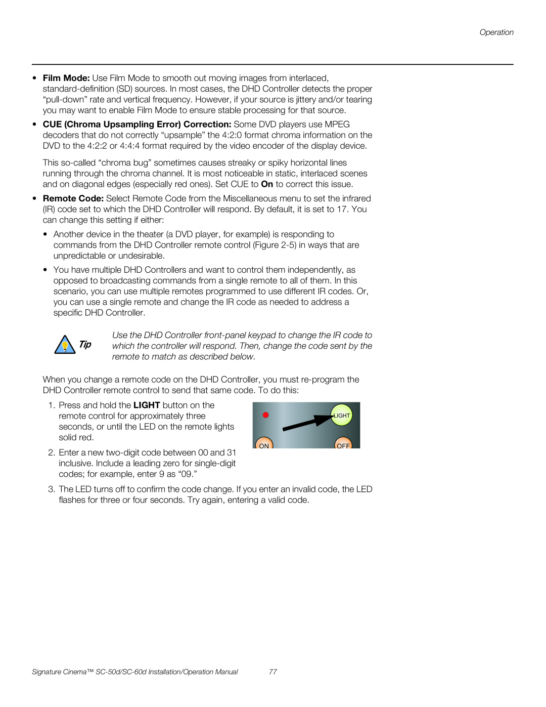 Runco SC-50D, SC-60D operation manual remote to match as described below 