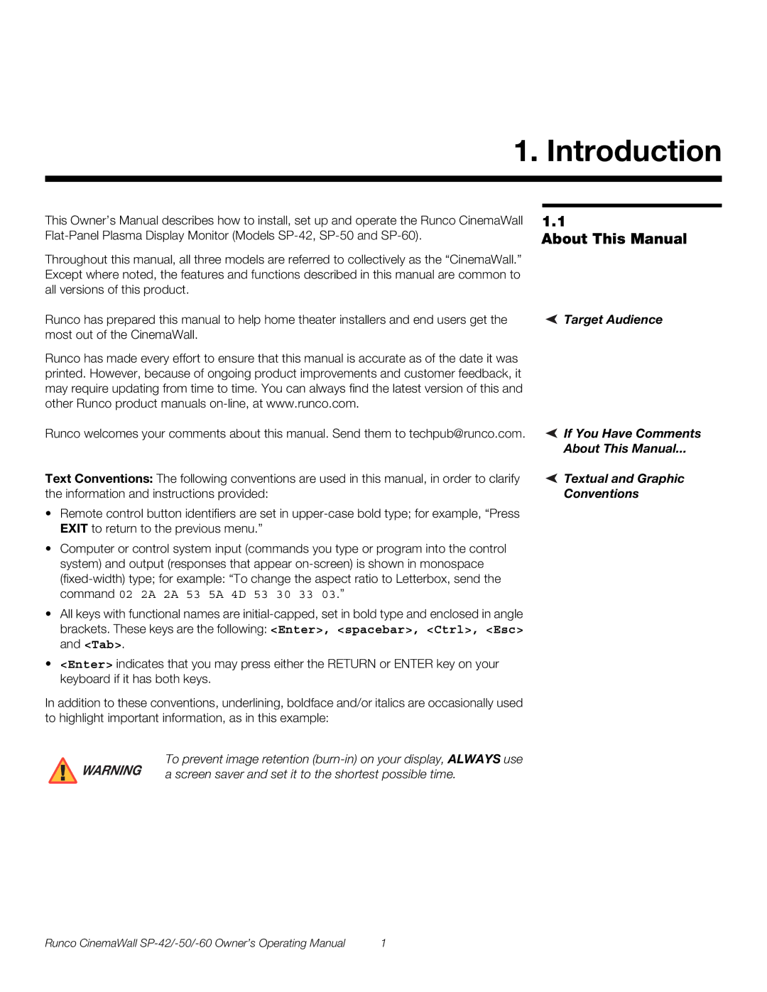 Runco SP-60, SP-42, SP-50 manual Introduction, About This Manual 