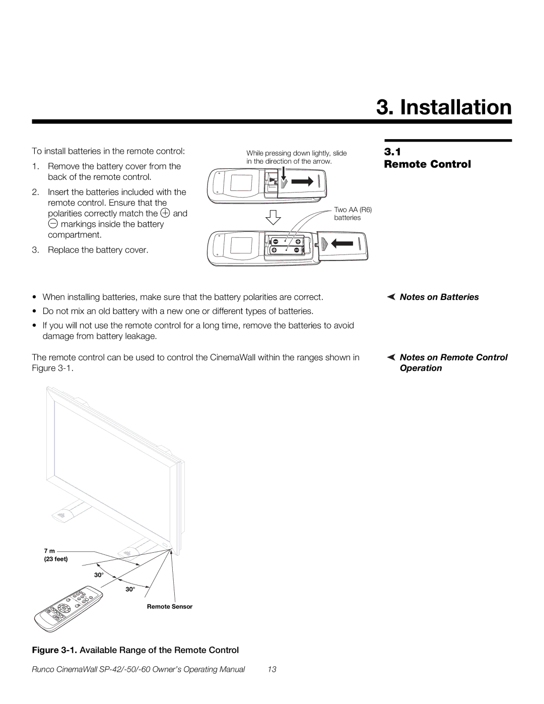 Runco SP-60, SP-42, SP-50 manual Installation, Remote Control 