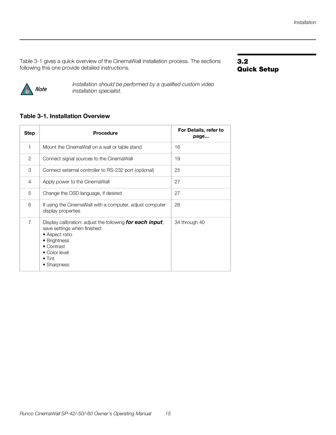 Runco SP-50, SP-42, SP-60 manual Quick Setup, Step Procedure For Details, refer to 