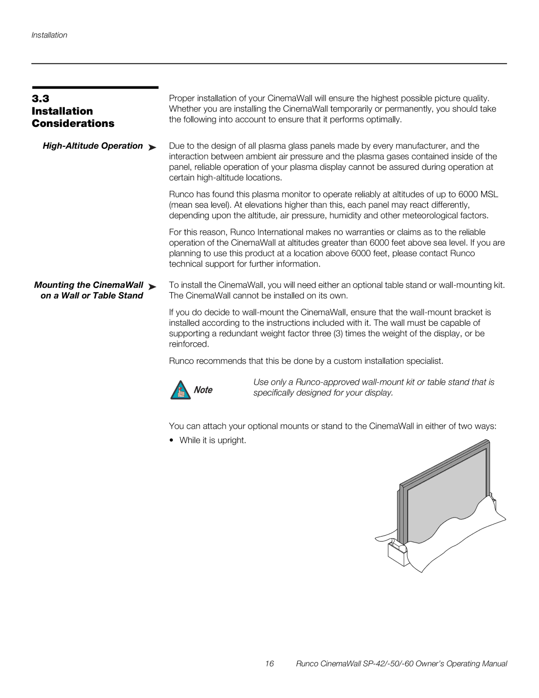 Runco SP-60 manual Installation, Considerations, High-Altitude Operation, Mounting the CinemaWall, On a Wall or Table Stand 