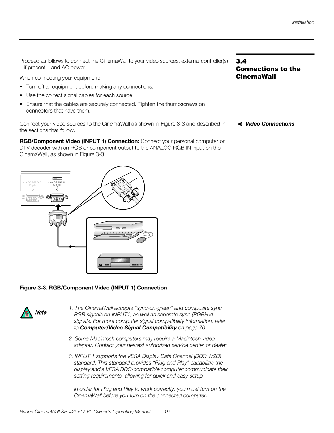 Runco SP-60, SP-42, SP-50 manual Connections to the CinemaWall, Video Connections 