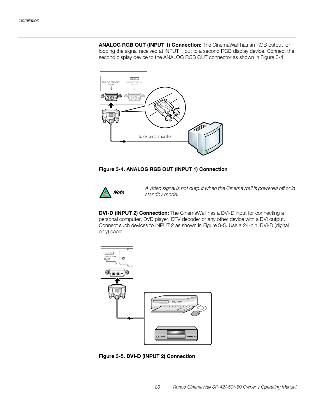 Runco SP-42, SP-50, SP-60 manual Analog RGB OUT Input 1 Connection, Standby mode 