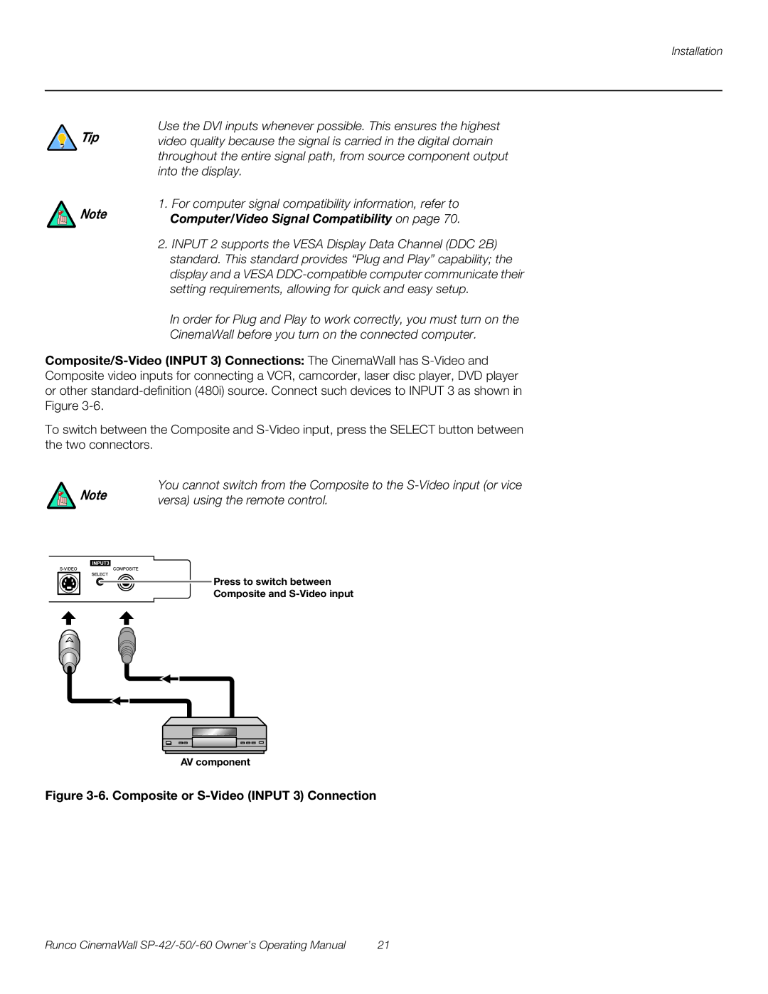 Runco SP-50, SP-42, SP-60 manual Computer/Video Signal Compatibility on, Composite or S-Video Input 3 Connection 