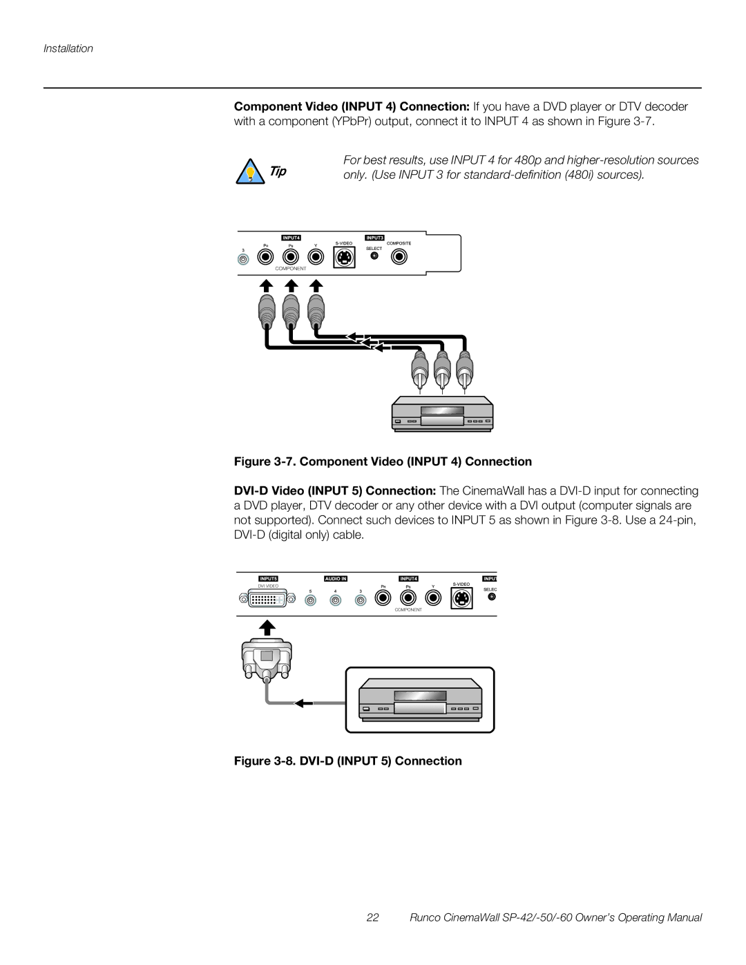 Runco SP-60, SP-42, SP-50 manual Component Video Input 4 Connection 