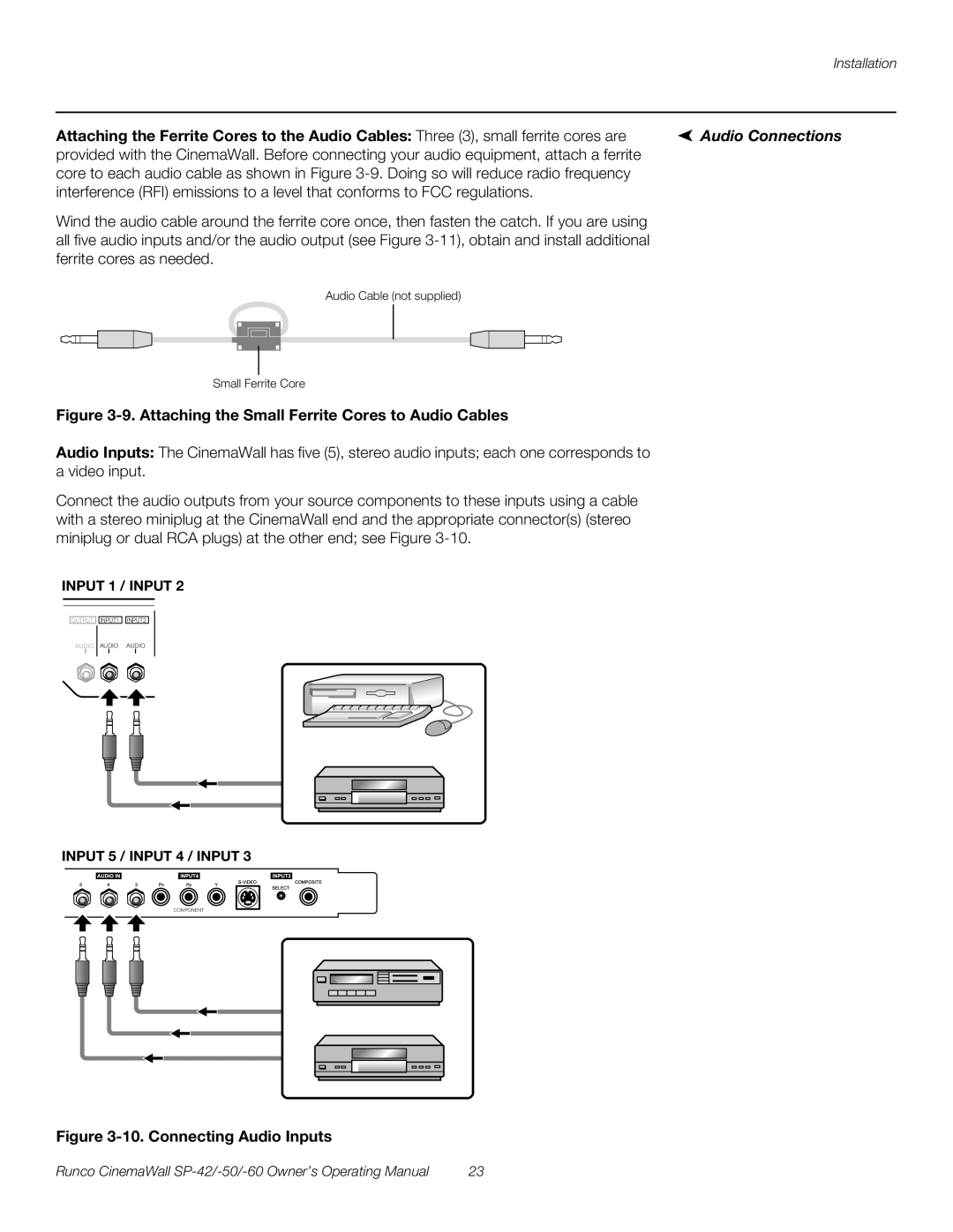 Runco SP-42, SP-50, SP-60 manual Audio Connections, Attaching the Small Ferrite Cores to Audio Cables 