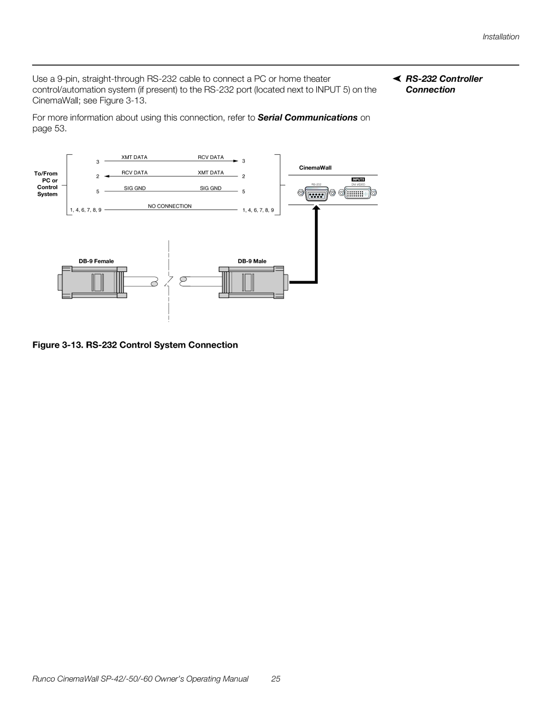 Runco SP-60, SP-42, SP-50 manual RS-232 Controller, Connection 