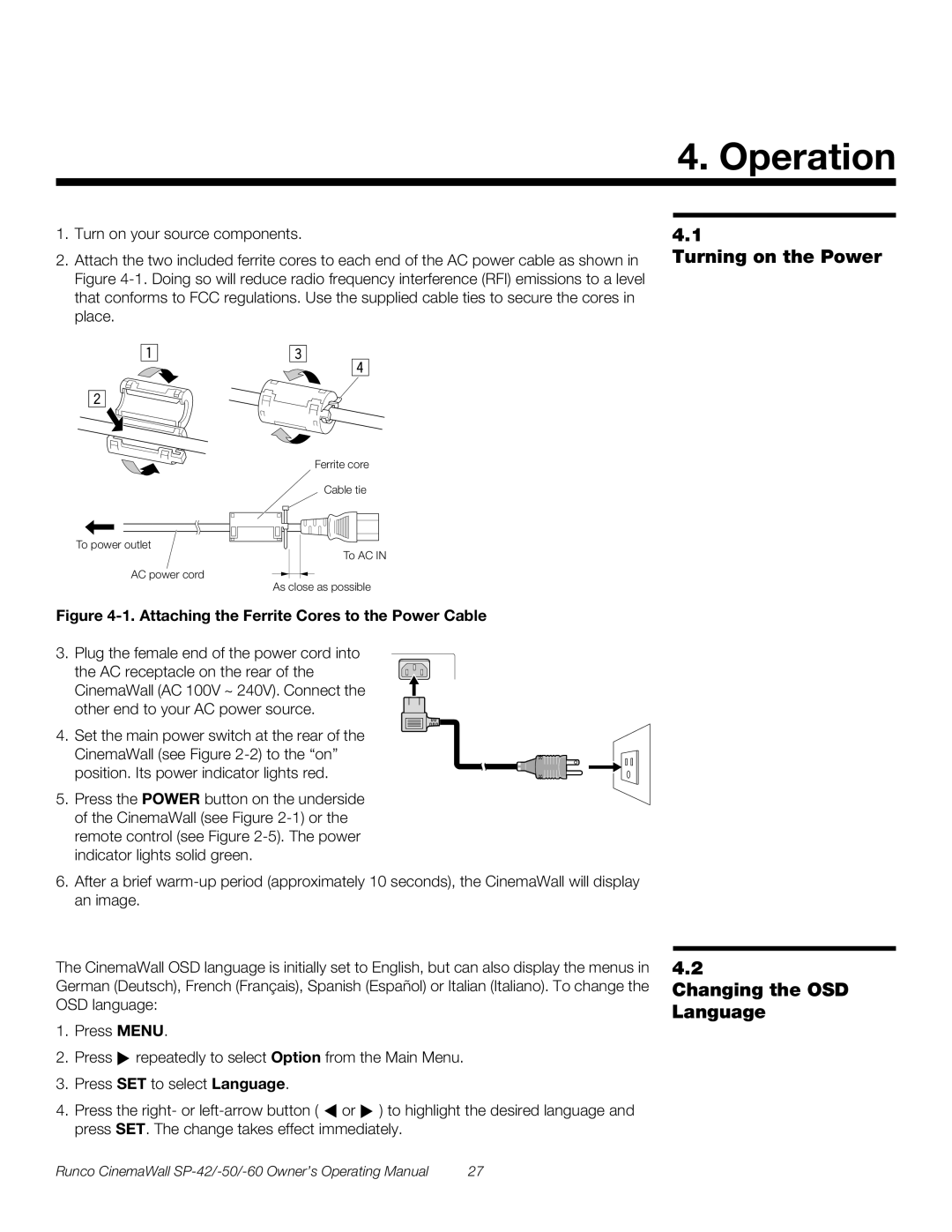 Runco SP-50, SP-42, SP-60 manual Operation, Turning on the Power, Changing the OSD Language 