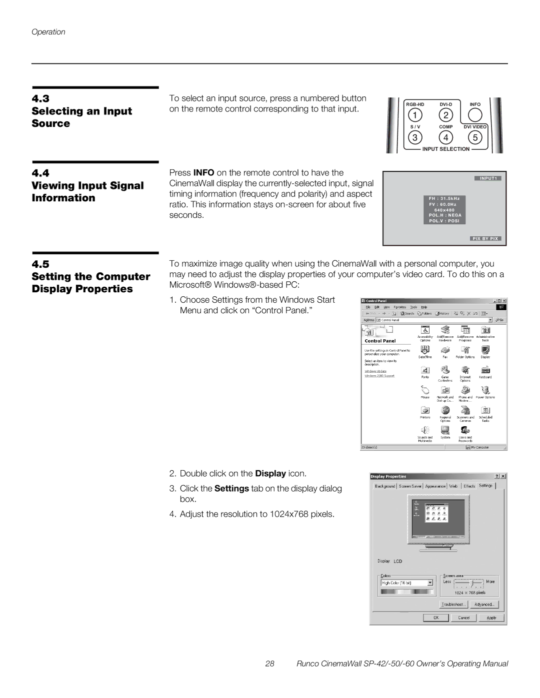 Runco SP-60, SP-42 Selecting an Input Source Viewing Input Signal Information, Setting the Computer Display Properties 