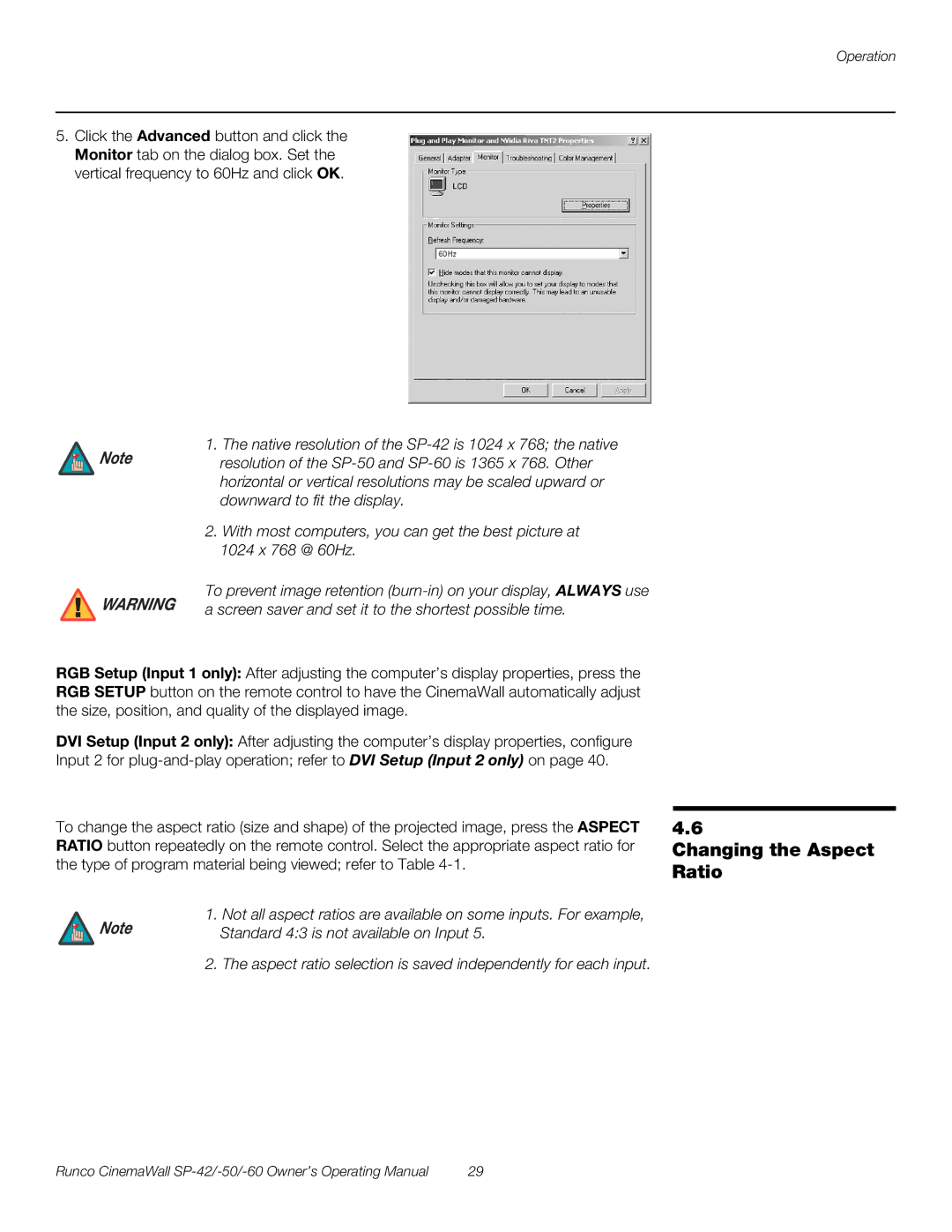 Runco SP-42, SP-50, SP-60 manual Changing the Aspect Ratio 