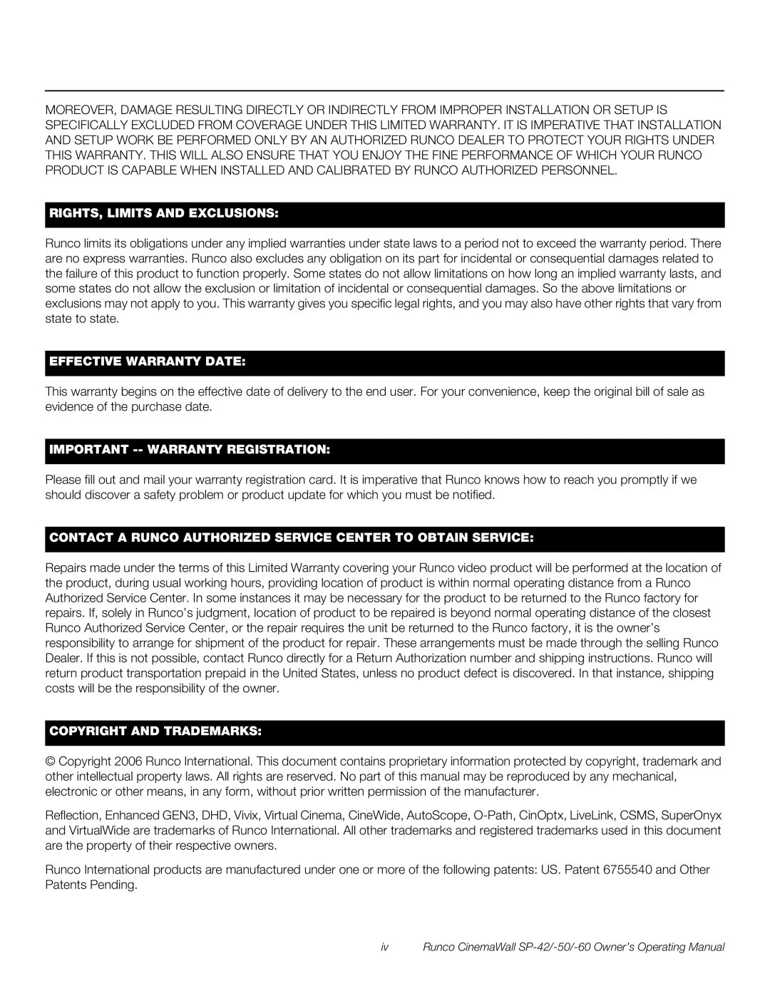 Runco SP-50, SP-42, SP-60 manual RIGHTS, Limits and Exclusions 