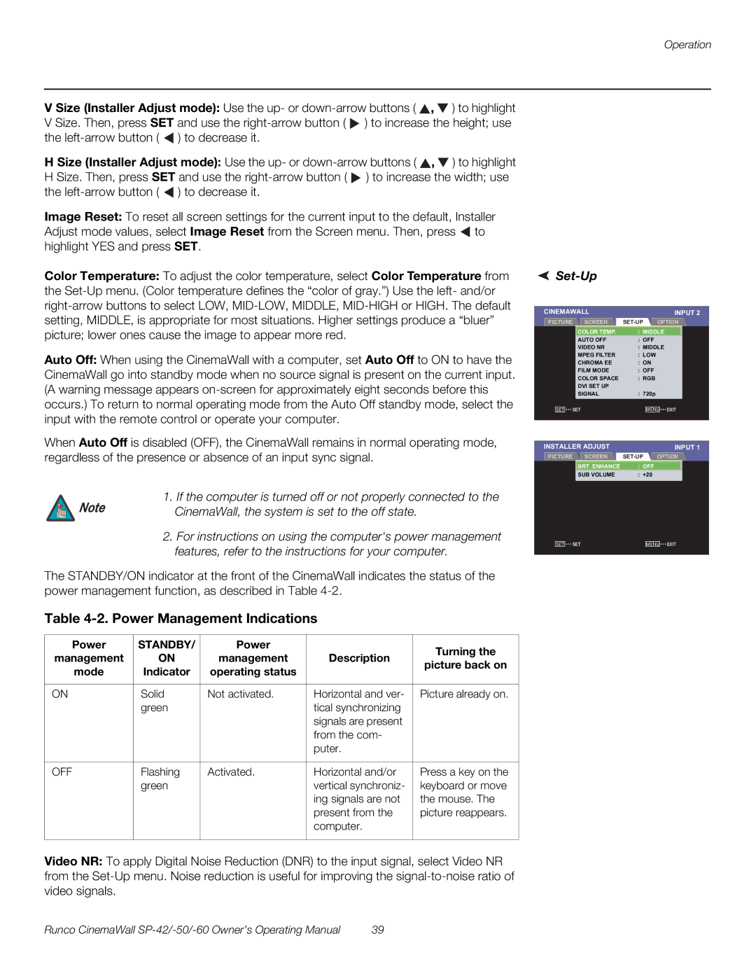 Runco SP-50, SP-42, SP-60 manual Set-Up, Power, Off 