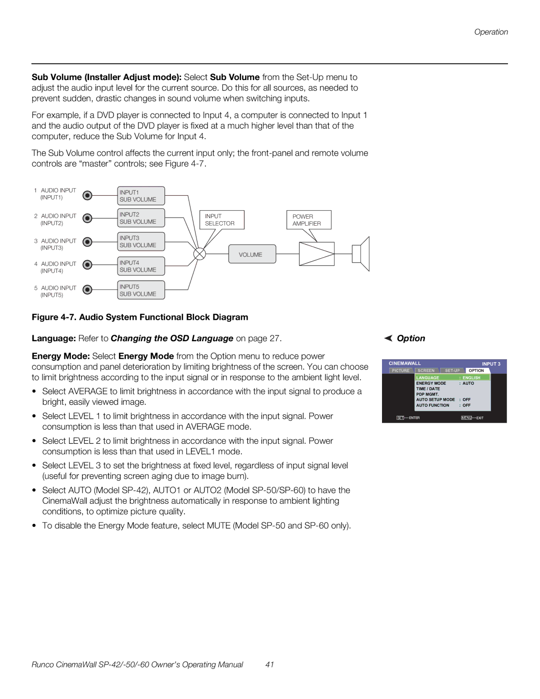 Runco SP-42, SP-50, SP-60 manual Language Refer to Changing the OSD Language on, Option 