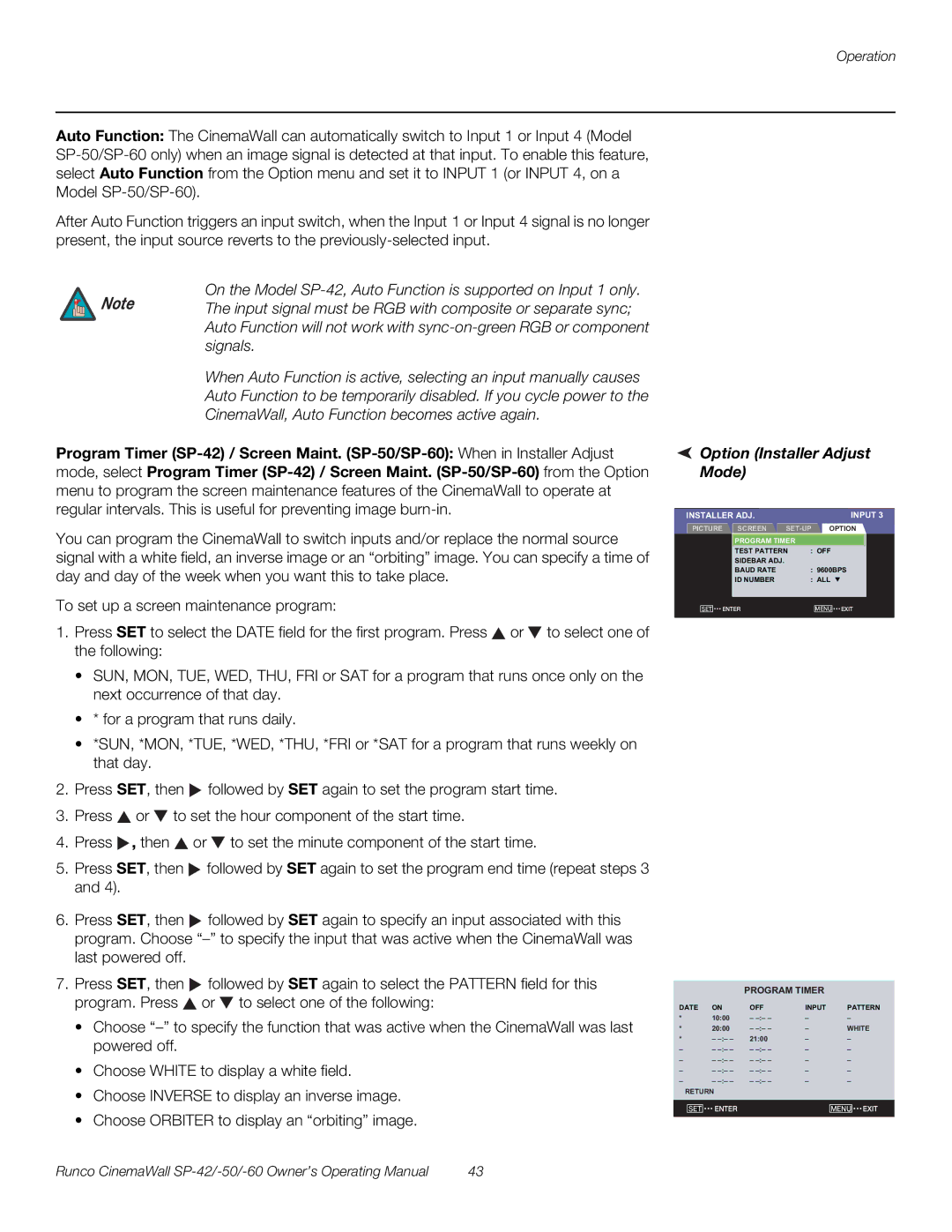 Runco SP-60, SP-42, SP-50 manual Option Installer Adjust Mode, Installer ADJ Input 